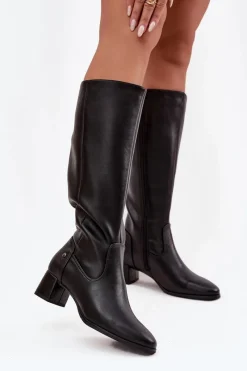 Clearance Maciejka Skórzane Ocieplane Kozaki Damskie Na Obcasie A7165-01 Czarne Czarny