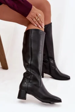 Clearance Maciejka Skórzane Ocieplane Kozaki Damskie Na Obcasie A7165-01 Czarne Czarny