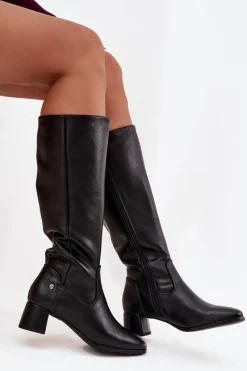 Clearance Maciejka Skórzane Ocieplane Kozaki Damskie Na Obcasie A7165-01 Czarne Czarny