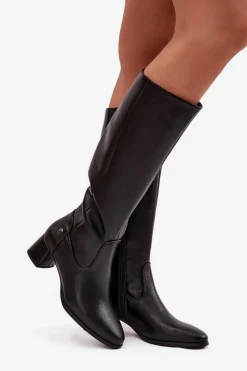 Clearance Maciejka Skórzane Ocieplane Kozaki Damskie Na Obcasie A7165-01 Czarne Czarny