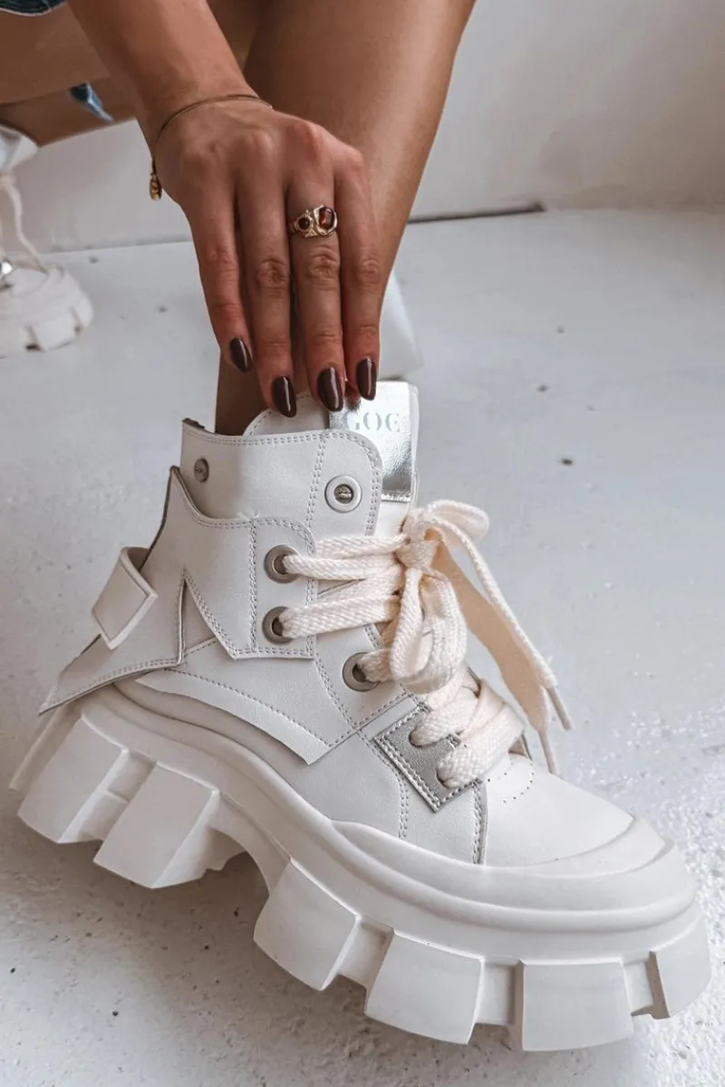 Buty Sportowe Na Platformie|Sneakersy Damskie>GOE Skórzane Ocieplane Sportowe Botki SS2N4055 Białe