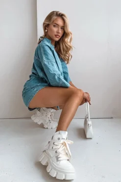 Buty Sportowe Na Platformie|Sneakersy Damskie>GOE Skórzane Ocieplane Sportowe Botki SS2N4055 Białe