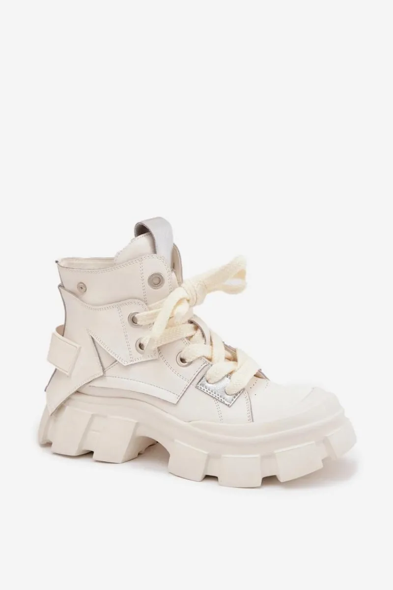 Buty Sportowe Na Platformie|Sneakersy Damskie>GOE Skórzane Ocieplane Sportowe Botki SS2N4055 Białe