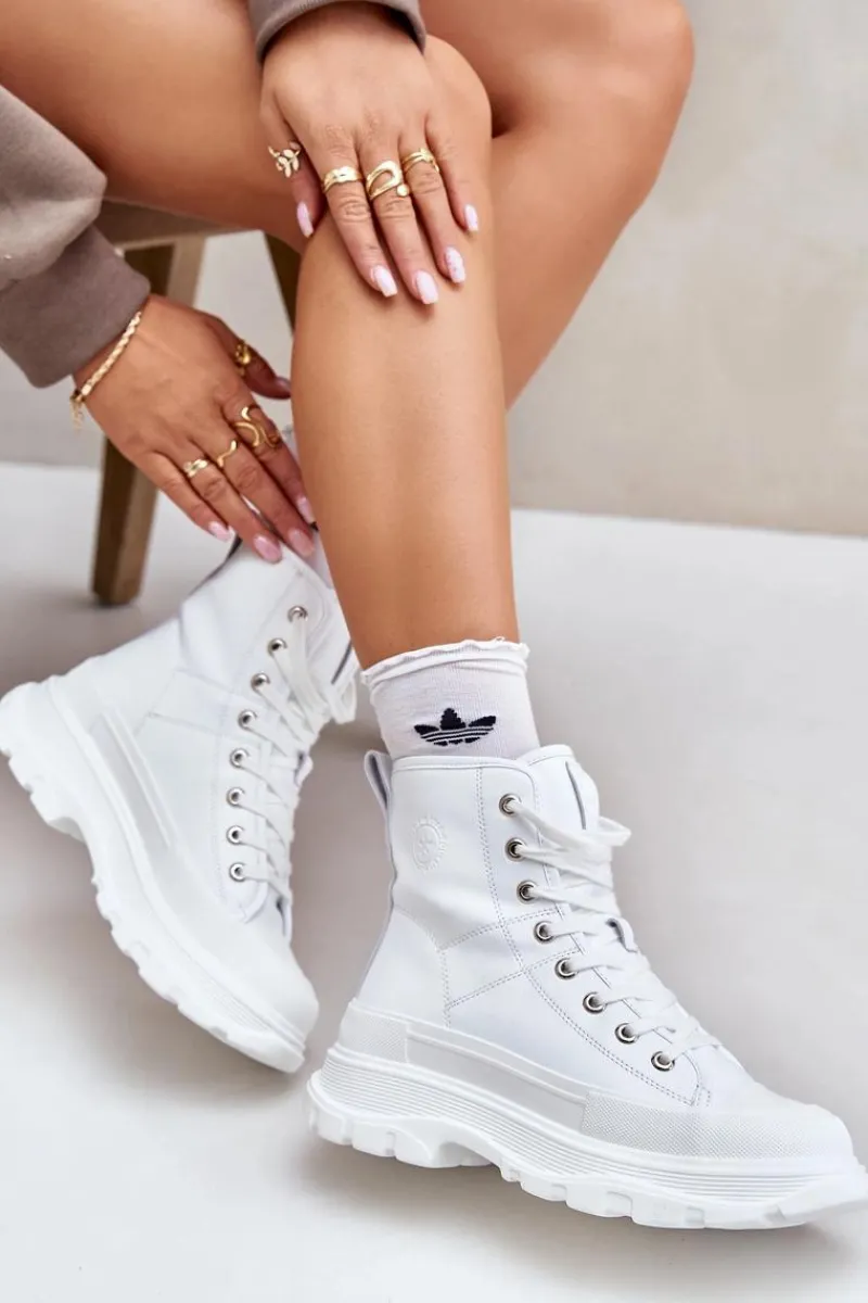 Trampki Ocieplane|Trampki Damskie Big Star>Big Star Shoes Skórzane Ocieplane Trampki Na Masywnej Platformie Big Star OO274A598 Białe