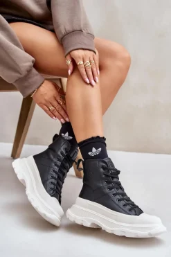 Big Star Shoes Skórzane Ocieplane Trampki Na Masywnej Platformie Big Star OO274A599 Czarne Czarny