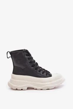 Big Star Shoes Skórzane Ocieplane Trampki Na Masywnej Platformie Big Star OO274A599 Czarne Czarny