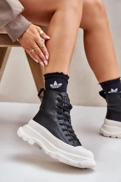 Big Star Shoes Skórzane Ocieplane Trampki Na Masywnej Platformie Big Star OO274A599 Czarne Czarny