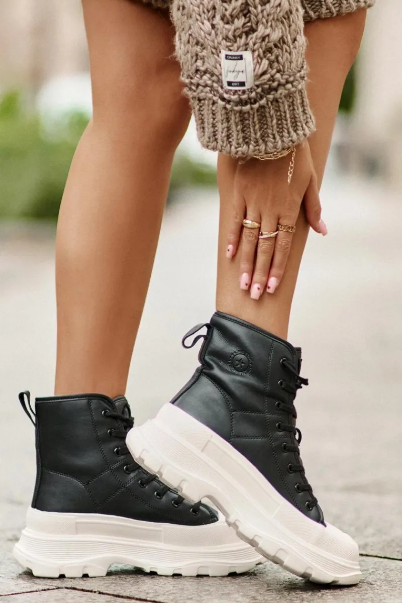 Big Star Shoes Skórzane Ocieplane Trampki Na Masywnej Platformie Big Star OO274A599 Czarne Czarny