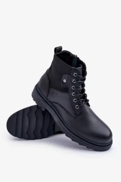 Botki Męskie></noscript>Big Star Shoes Skórzane Ocieplane Trapery Botki Męskie Big Star OO174166 Czarne