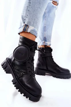 Botki Sznurowane|Czarne Botki>Big Star Shoes Skórzane Ocieplane Workery Z Nerką Big Star II274430 Czarne