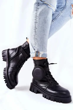 Botki Sznurowane|Czarne Botki>Big Star Shoes Skórzane Ocieplane Workery Z Nerką Big Star II274430 Czarne