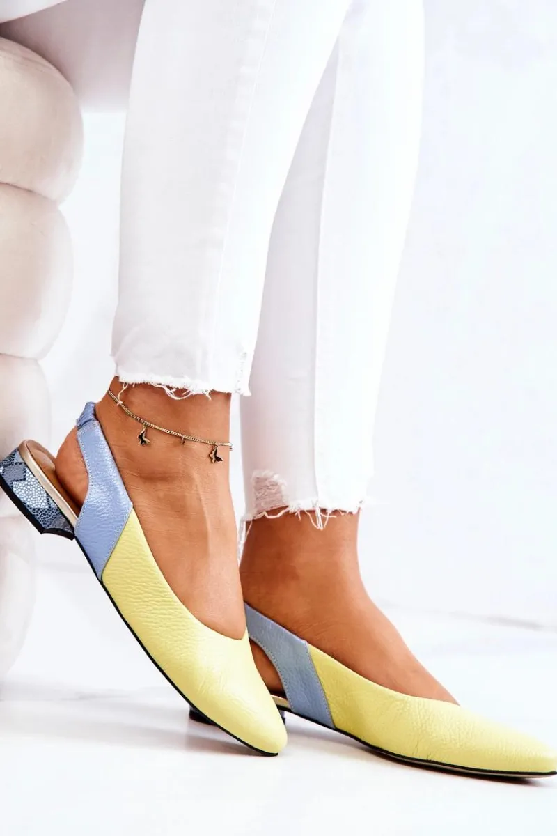 Sale Skórzane Odkryte Baleriny Na Obcasie Żółto-Niebieskie Noreen Damskie Baleriny Skórzane|Baleriny Klasyczne