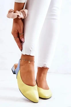 Sale Skórzane Odkryte Baleriny Na Obcasie Żółto-Niebieskie Noreen Damskie Baleriny Skórzane|Baleriny Klasyczne