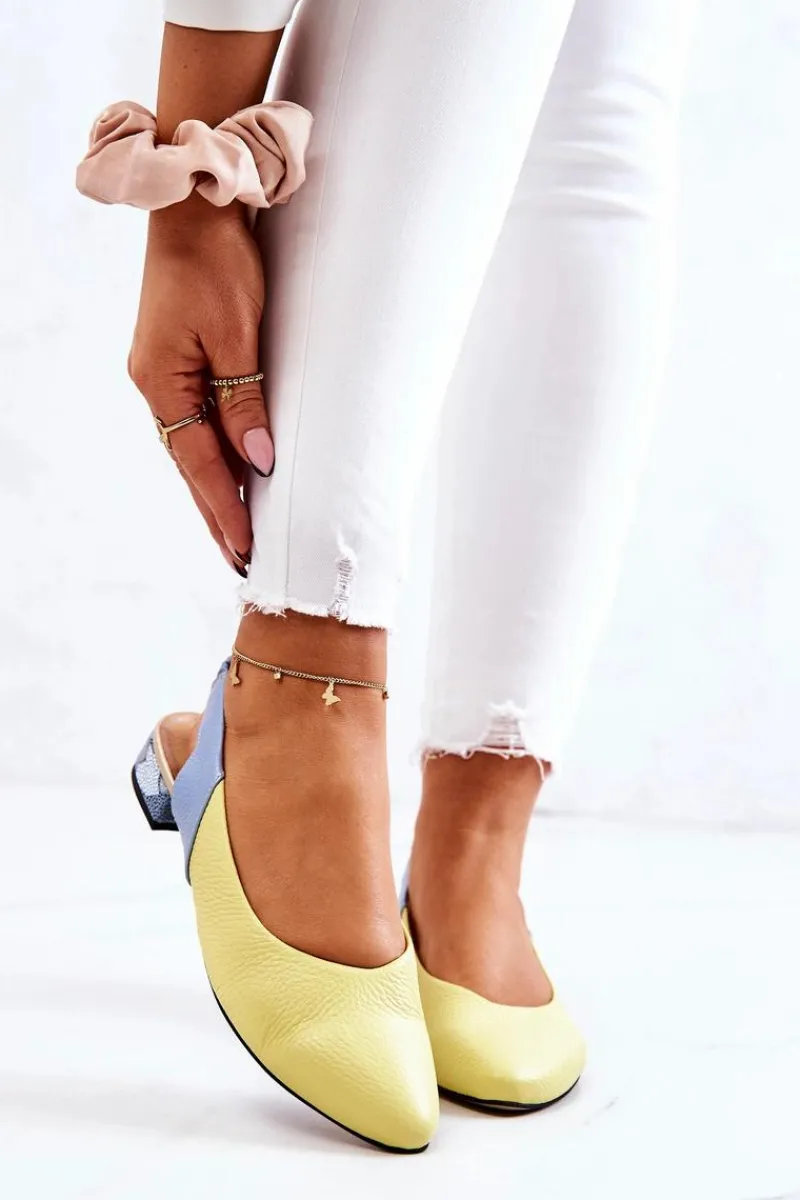 Sale Skórzane Odkryte Baleriny Na Obcasie Żółto-Niebieskie Noreen Damskie Baleriny Skórzane|Baleriny Klasyczne