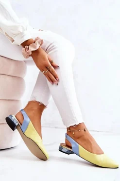 Sale Skórzane Odkryte Baleriny Na Obcasie Żółto-Niebieskie Noreen Damskie Baleriny Skórzane|Baleriny Klasyczne