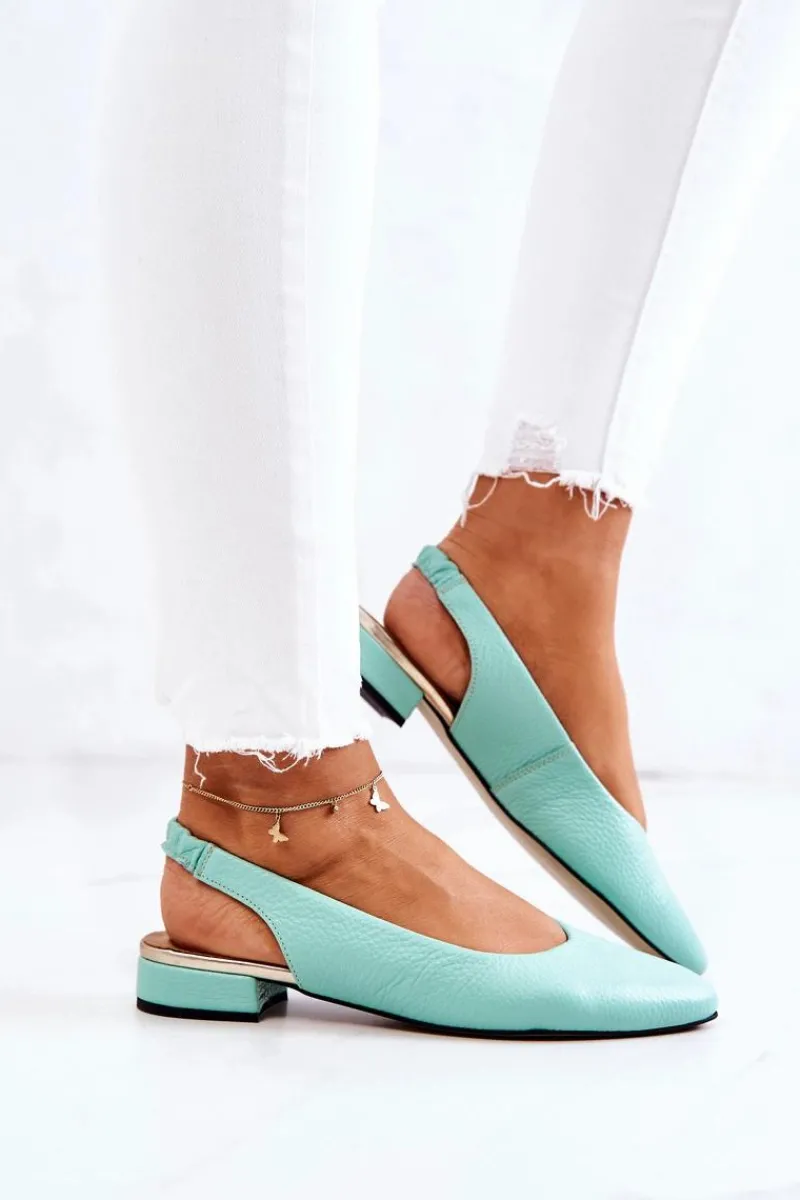Baleriny Skórzane|Baleriny Klasyczne>Boto Skórzane Odkryte Baleriny Na Obcasie Zielone Noreen