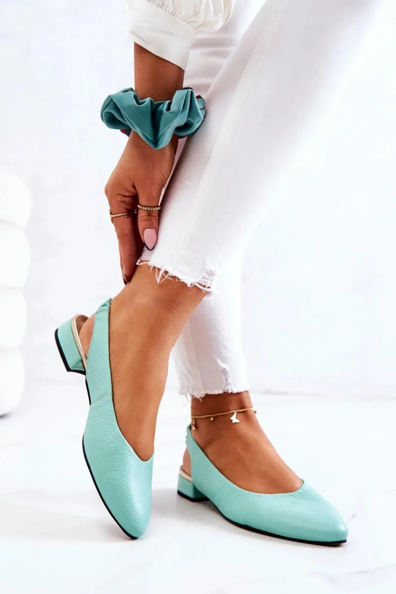 Baleriny Skórzane|Baleriny Klasyczne>Boto Skórzane Odkryte Baleriny Na Obcasie Zielone Noreen