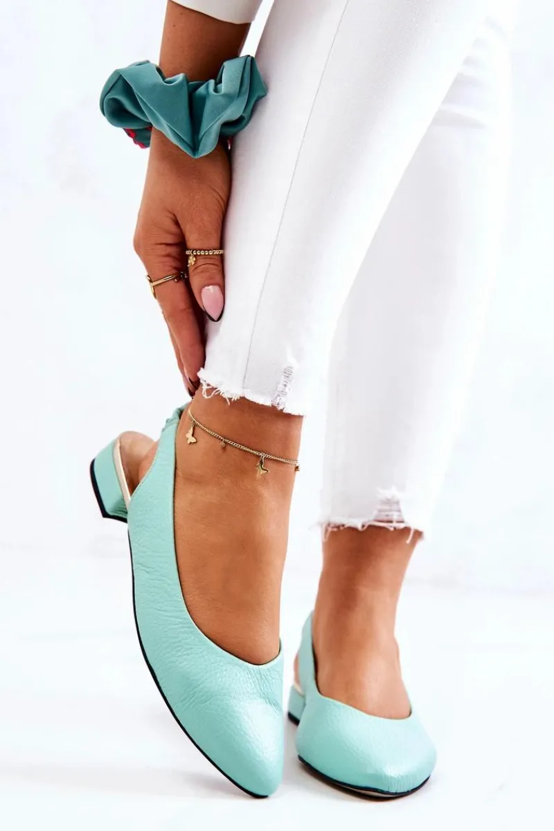 Baleriny Skórzane|Baleriny Klasyczne>Boto Skórzane Odkryte Baleriny Na Obcasie Zielone Noreen