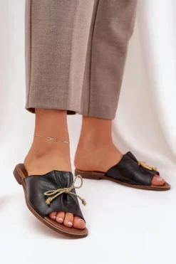 Boto Skórzane Płaskie Eleganckie Klapki Z Kokardką Lewski 3572 Czarne Czarny