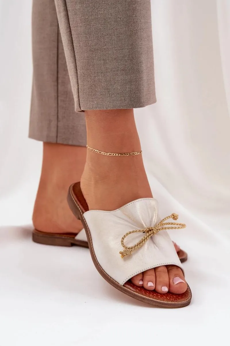 Clearance Skórzane Płaskie Eleganckie Klapki Z Kokardką Lewski 3572 Przecierany Damskie Klapki Damskie Klasyczne