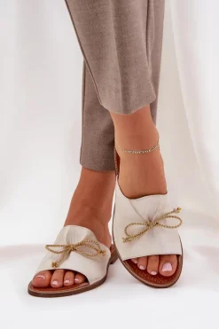 Clearance Skórzane Płaskie Eleganckie Klapki Z Kokardką Lewski 3572 Przecierany Damskie Klapki Damskie Klasyczne