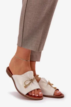 Clearance Skórzane Płaskie Eleganckie Klapki Z Kokardką Lewski 3572 Przecierany Damskie Klapki Damskie Klasyczne