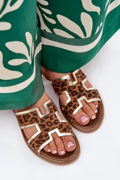 Sale Skórzane Płaskie Klapki W Panterkę 40383 Brązowe Damskie Klapki Damskie Klasyczne