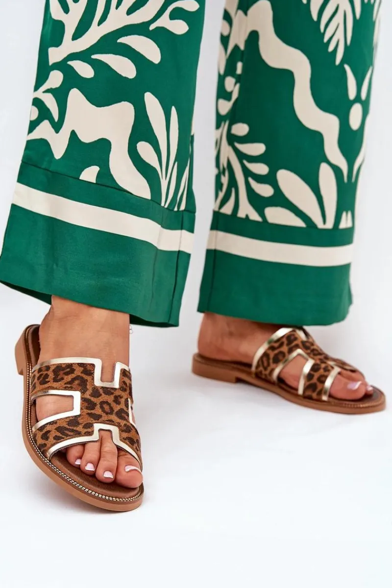 Sale Skórzane Płaskie Klapki W Panterkę 40383 Brązowe Damskie Klapki Damskie Klasyczne