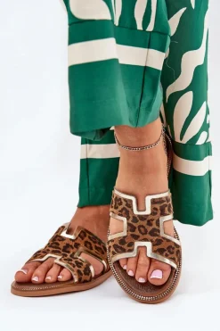 Sale Skórzane Płaskie Klapki W Panterkę 40383 Brązowe Damskie Klapki Damskie Klasyczne