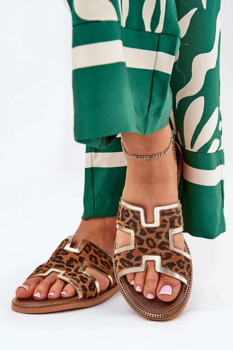 Sale Skórzane Płaskie Klapki W Panterkę 40383 Brązowe Damskie Klapki Damskie Klasyczne