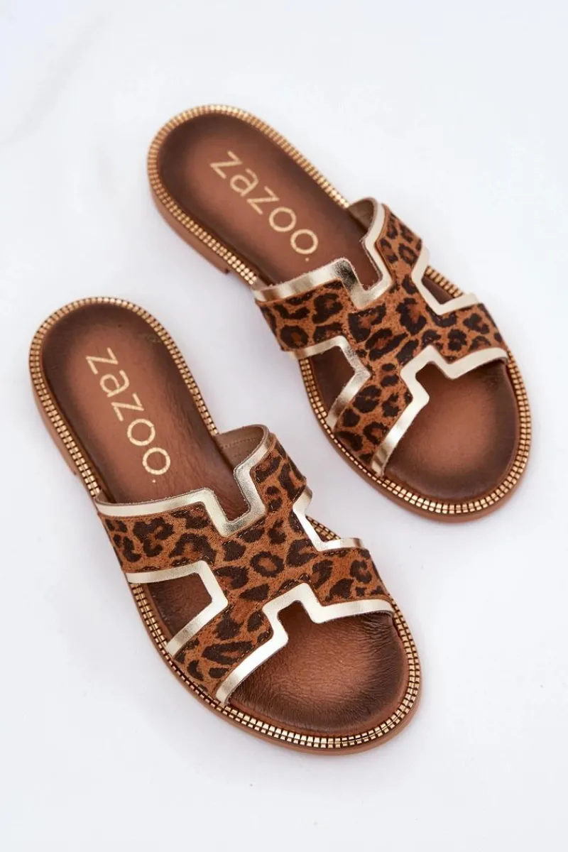 Sale Skórzane Płaskie Klapki W Panterkę 40383 Brązowe Damskie Klapki Damskie Klasyczne
