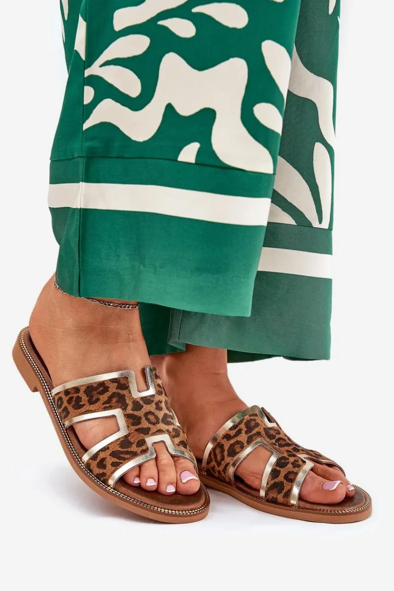 Sale Skórzane Płaskie Klapki W Panterkę 40383 Brązowe Damskie Klapki Damskie Klasyczne