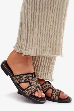 Clearance Zazoo Skórzane Płaskie Klapki W Panterkę 40383 Czarne Czarny