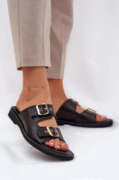 Klapki Damskie Klasyczne>Zazoo Skórzane Płaskie Klapki Z Klamrami 3020 Czarne Czarny