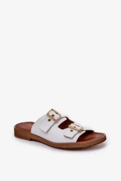 New Zazoo Skórzane Płaskie Klapki Z Klamrami 3020 Białe Biały