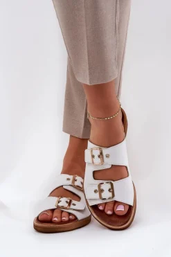 New Zazoo Skórzane Płaskie Klapki Z Klamrami 3020 Białe Biały