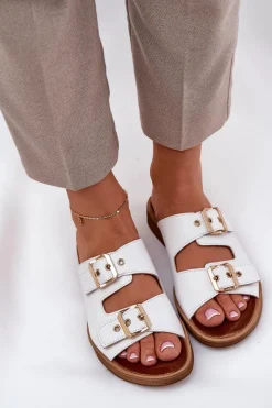 New Zazoo Skórzane Płaskie Klapki Z Klamrami 3020 Białe Biały