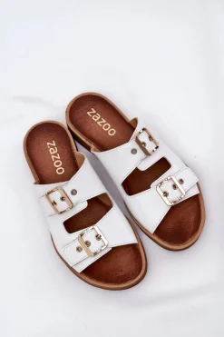 New Zazoo Skórzane Płaskie Klapki Z Klamrami 3020 Białe Biały