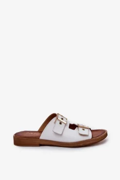 New Zazoo Skórzane Płaskie Klapki Z Klamrami 3020 Białe Biały