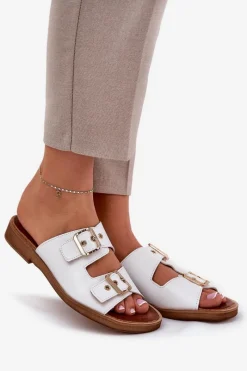 New Zazoo Skórzane Płaskie Klapki Z Klamrami 3020 Białe Biały