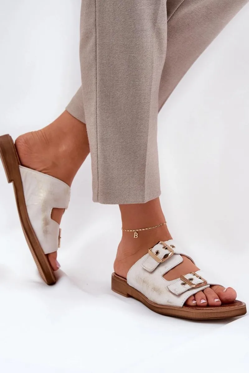 Outlet Skórzane Płaskie Klapki Z Klamrami 3020 Przecierany Damskie Klapki Damskie Klasyczne