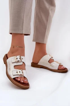 Outlet Skórzane Płaskie Klapki Z Klamrami 3020 Przecierany Damskie Klapki Damskie Klasyczne