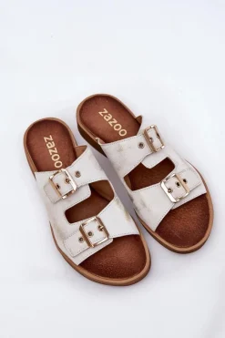 Outlet Skórzane Płaskie Klapki Z Klamrami 3020 Przecierany Damskie Klapki Damskie Klasyczne