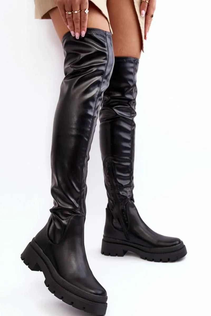 Outlet Buty damskie Vinceza Skórzane Płaskie Kozaki Za Kolano Czarne Lilien