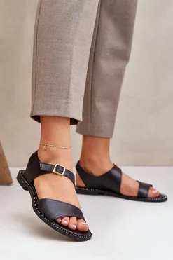 Outlet Skórzane Płaskie Sandały Damskie 3014 Czarne Damskie Sandały Płaskie