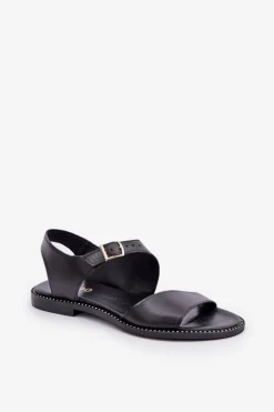 Outlet Skórzane Płaskie Sandały Damskie 3014 Czarne Damskie Sandały Płaskie