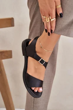 Outlet Skórzane Płaskie Sandały Damskie 3014 Czarne Damskie Sandały Płaskie