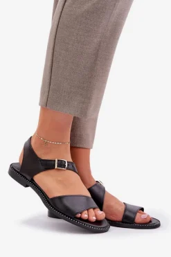 Outlet Skórzane Płaskie Sandały Damskie 3014 Czarne Damskie Sandały Płaskie