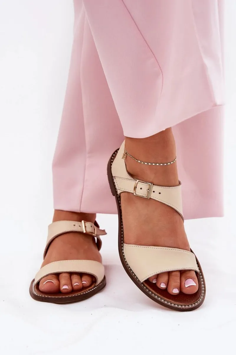 Online Skórzane Płaskie Sandały Damskie 3014 Beżowe Damskie Sandały Płaskie