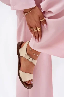 Online Skórzane Płaskie Sandały Damskie 3014 Beżowe Damskie Sandały Płaskie